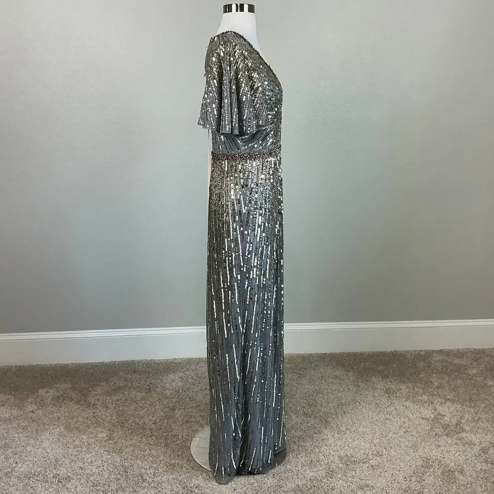 Mac Duggal 5538 Sequined Short Sleeve A-Line Evening Gown Silver Size 6 Dress - Picture 4 of 12